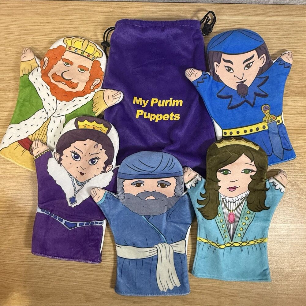 Chabad Lubavitch My Purim Puppets Set 5 Plush Hand Toys Purple Velvet Bag